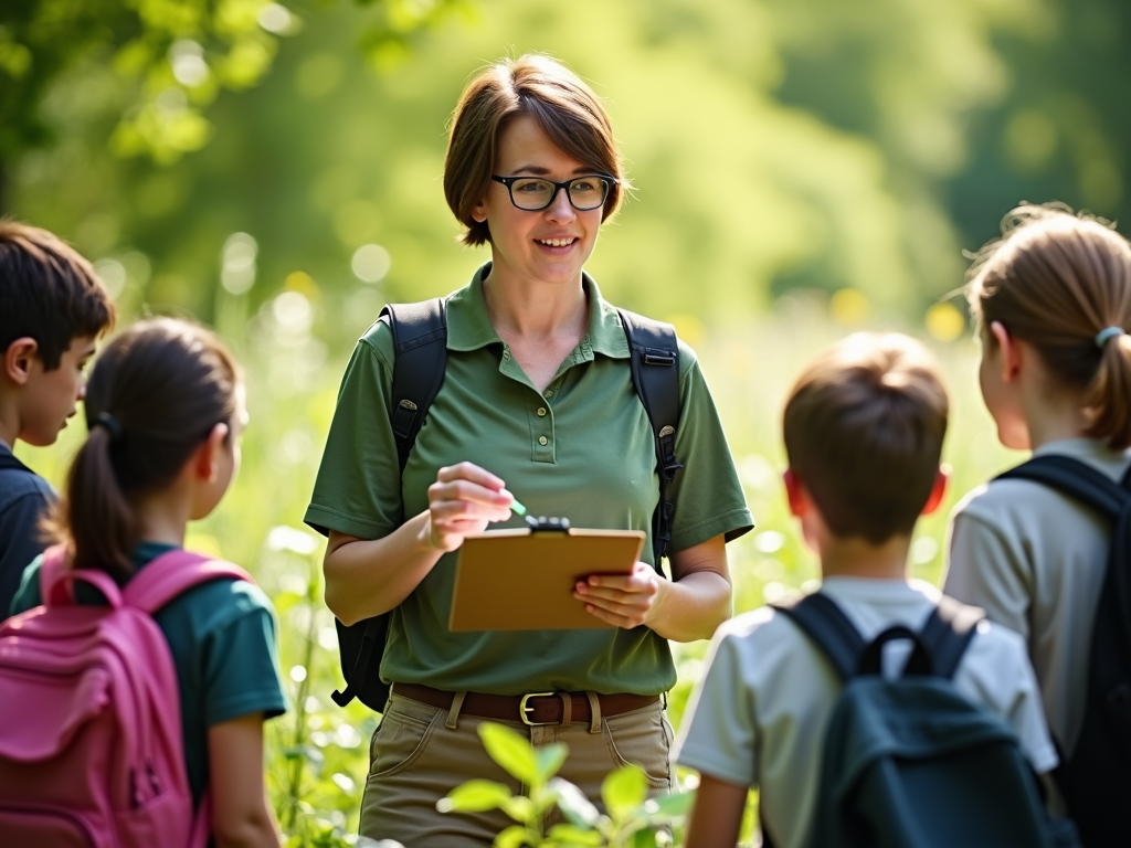 An outdoor education scene shows a teacher holding a clipboard while teaching a biology lesson in nature. Students gather around to identify various plants. The sun filters through the leaves, creating a peaceful setting.