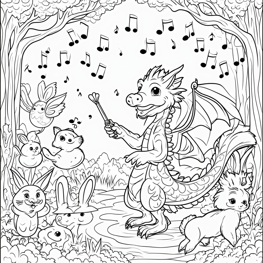 A musical dragon conducting a woodland symphony with a delicate baton. The forest creatures are its orchestra, from singing birds to rhythm-tapping rabbits and raccoons. An array of musical notes swirls in the air, suggesting the enchanting melody they create together.