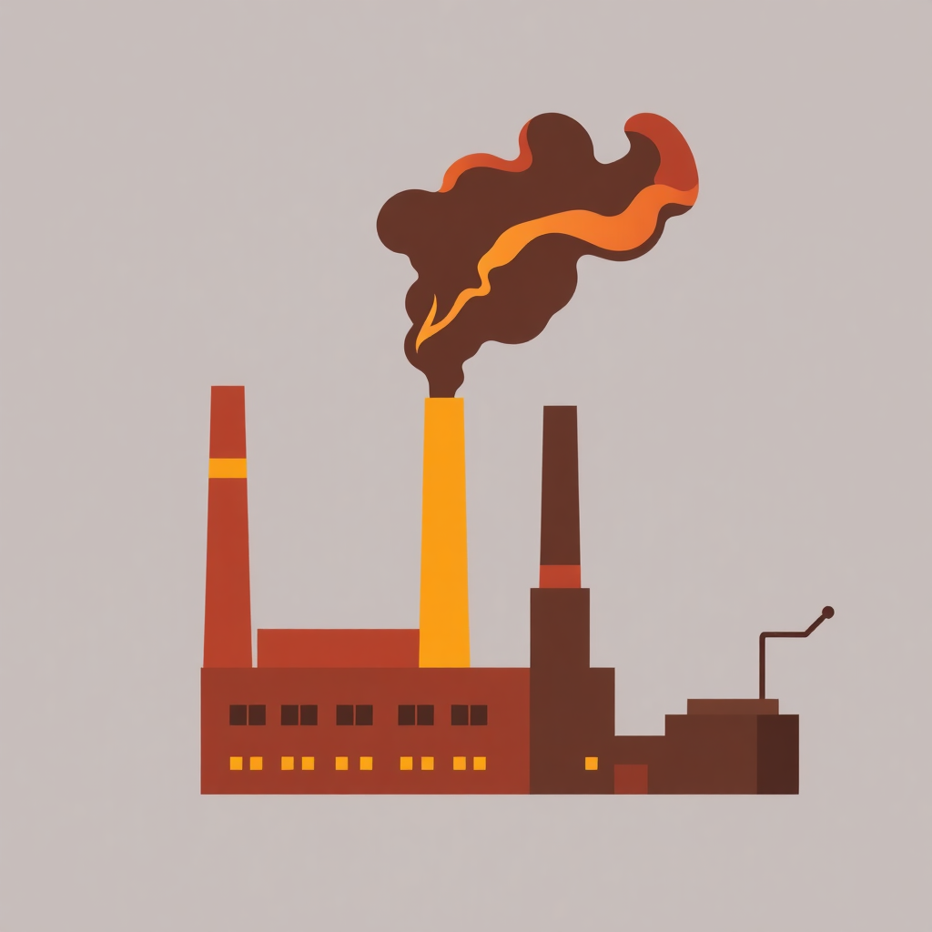 The image is an illustration of a factory with three tall chimneys. The chimneys are orange and yellow in color and are emitting a thick plume of smoke. The smoke is billowing out of one of the chimneys, creating a cloud-like shape. The background is a light grey color. The factory appears to be made of brick or concrete and has multiple windows and doors. There is a small crane on the right side of the image. The overall style of the illustration is flat and minimalistic.