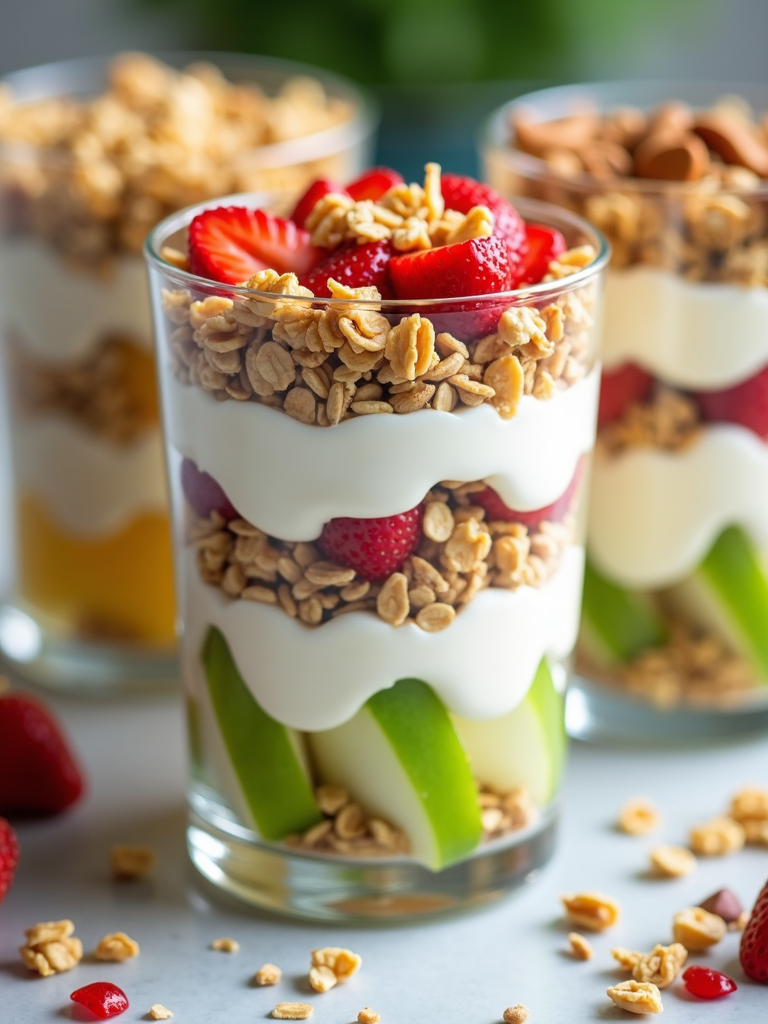 Create a parfait layering apple slices, different flavors of yogurt (such as vanilla, honey, or strawberry), and various types of granola (like oat, nut, or fruit-based) in clear cups for an appealing presentation.