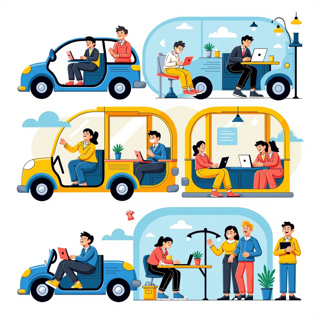Illustration Concept 2: Day-in-the-Life Triptych. A narrative sequence of three illustrations: The first shows the robotaxi in the morning, a passenger utilizing commute time for focused work. The second depicts midday, with the interior transformed for relaxation, perhaps showing a passenger napping or enjoying a scenic view. The third shows the evening, with the robotaxi interior set up for socializing, carrying a small group to an event.