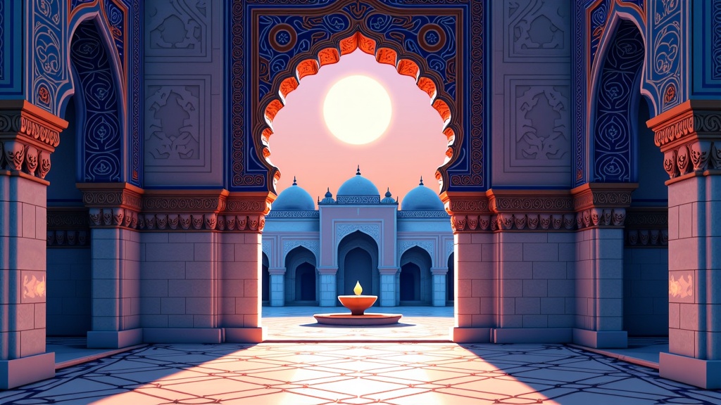 Illustration of a grand palace archway, adorned with intricate Islamic geometric patterns, overlooking a moonlit courtyard with a central fountain. Focus on the interplay of light and shadow revealing the detailed tilework.