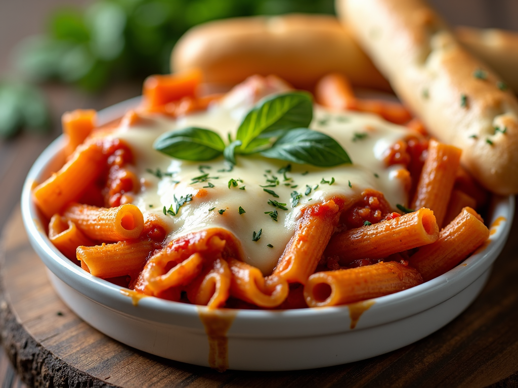 An inviting serving of baked ziti with a breadstick leaning along the side, sprinkled with fresh herbs hinting at the delicious, aromatic blend beneath.