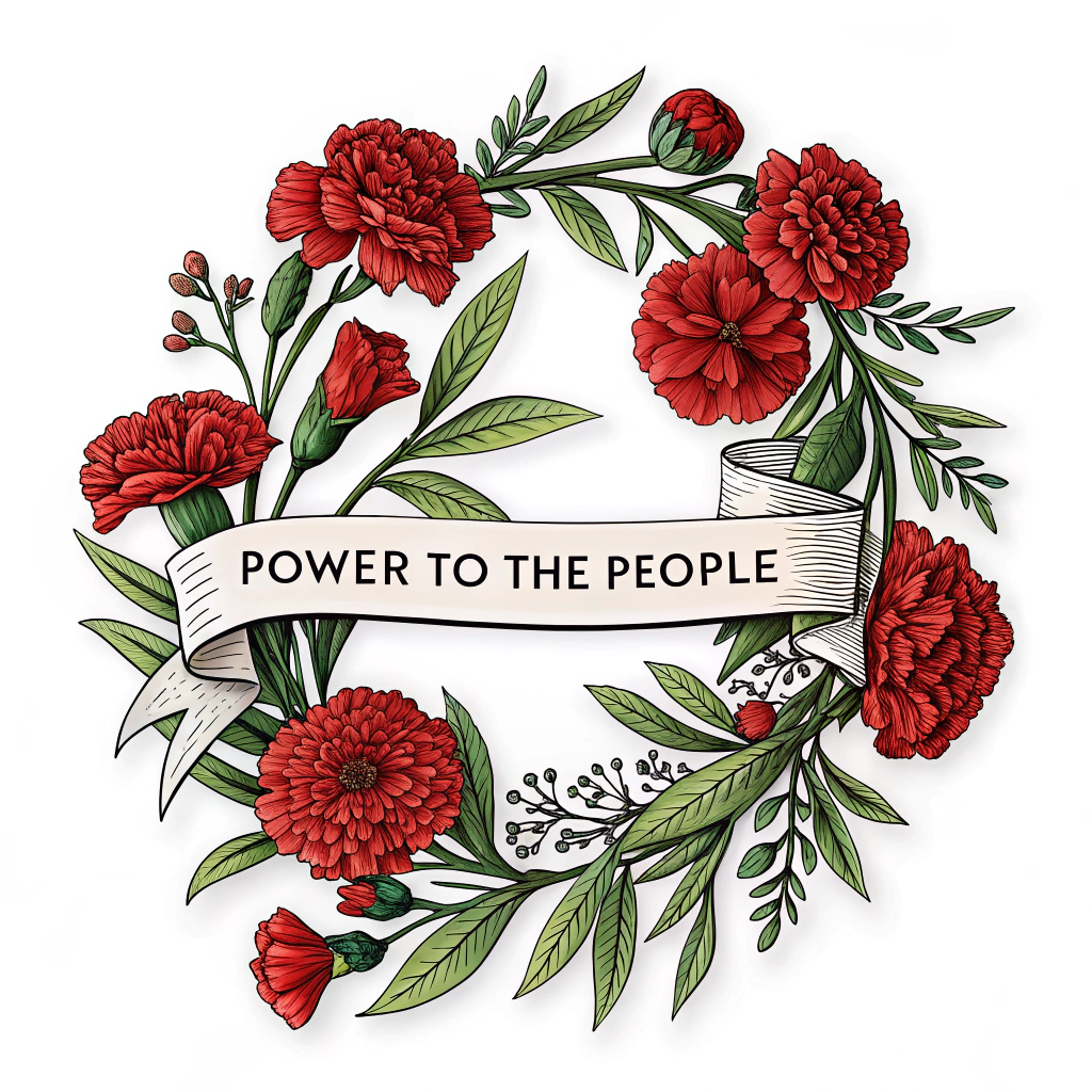 Traditional Wreath Sticker: A classic laurel-style wreath predominantly featuring red carnations (a May Day symbol) and lush green foliage. The slogan 'Power to the People' is presented on a flowing ribbon banner integrated across the wreath, using a strong, timeless serif font.