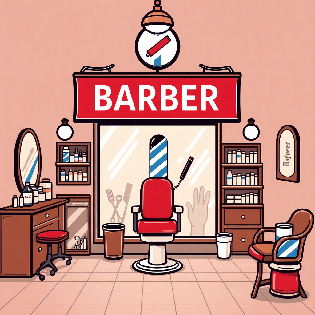 The image is an illustration of a barber shop. The shop has a pink wall with a large red sign that reads Barber above the entrance. Below the sign, there is a red barber chair with a blue and white striped towel draped over it. On the right side of the image, there are two barber chairs with red cushions and a wooden table with a mirror and a stool. On both sides of the table, there there are shelves with various barber tools and supplies. The floor is tiled in a light pink color. The overall style of the shop is cartoon-like.