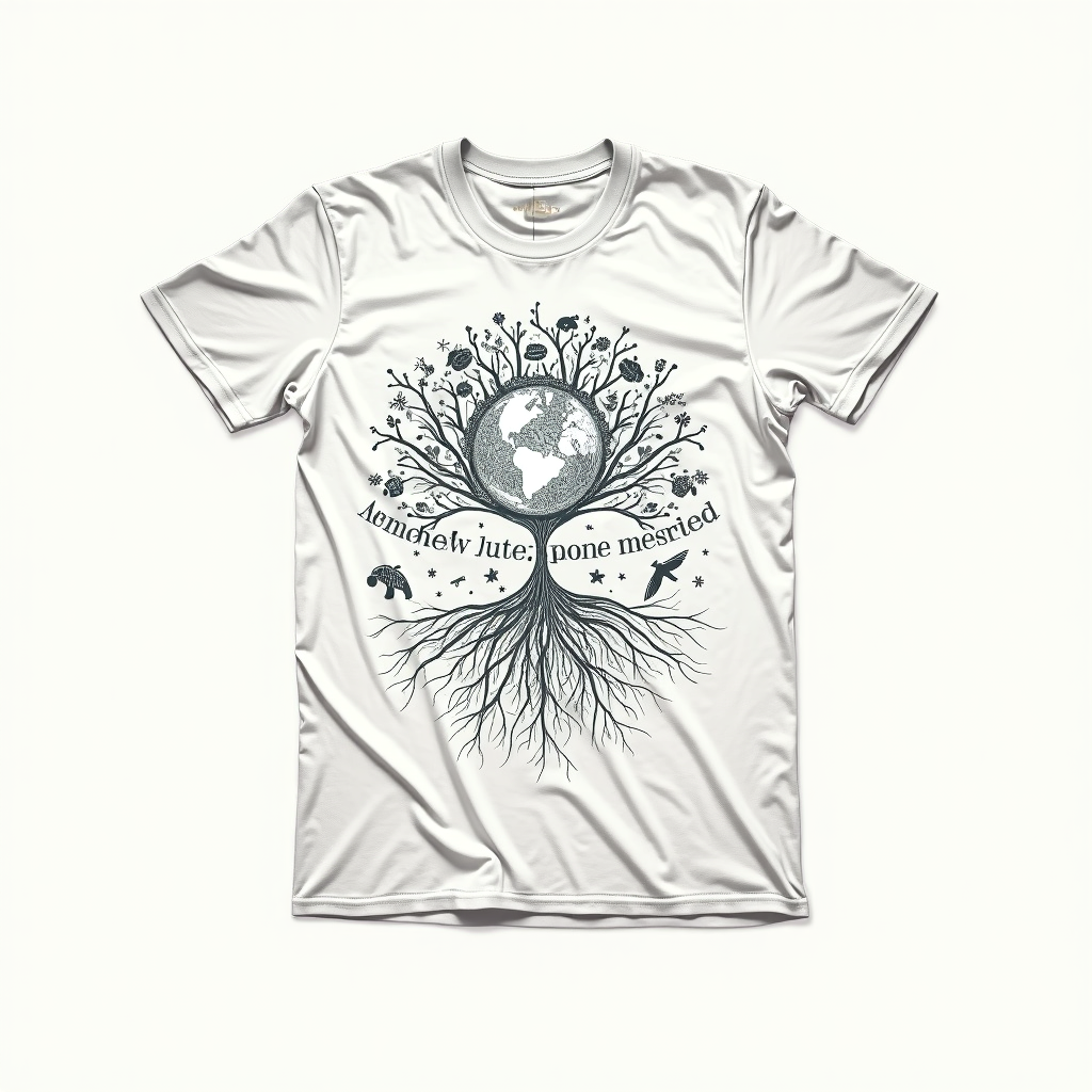 Connected World - Species Web: An intricate line art design showing various endangered species interconnected by lines forming a web or a root system that spreads across the T-shirt, perhaps culminating in a central Earth graphic. Slogan: 'Earth Day: We Are All Connected'.