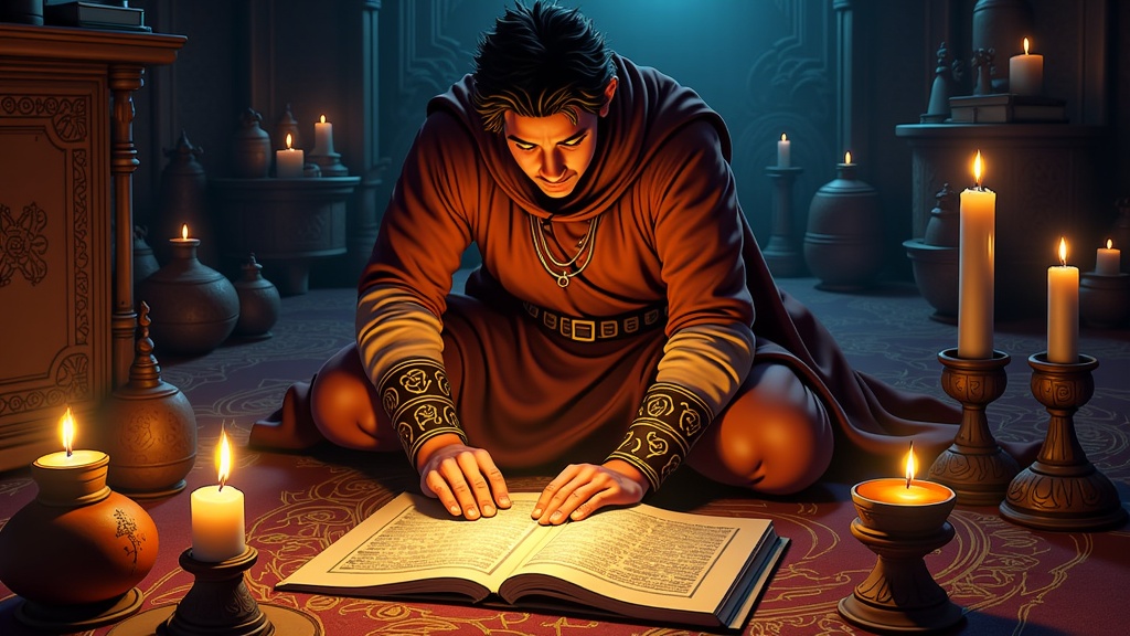 Narrative illustrations focusing on the clandestine interactions between humans and these mystical entities during the night: perhaps a brave hero deciphering texts to summon a powerful Djinn, a lost merchant encountering a guardian beast in a dark oasis, or scenes hinting at Djinns subtly influencing events within a sleeping Arabian city.