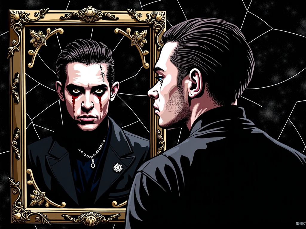 Post Malone in a stark, moody portrait, looking into an ornate, cracked mirror. His reflection reveals a fang-bearing, glam-rock vampire alter-ego, with subtle blood details and decaying Hollywood glamour in the background.