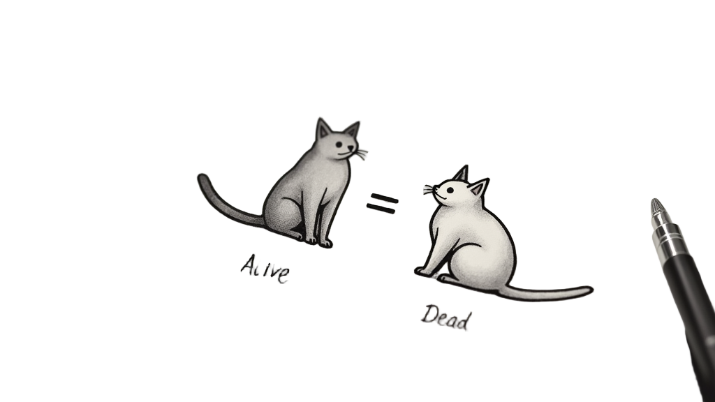 A minimalist tattoo featuring the Dirac notation for superposition, such as `|ψ⟩ = α|Alive⟩ + β|Dead⟩`, where `|ψ⟩` is represented by a stylized cat, or cat icons are used for 'Alive' and 'Dead' states, possibly within simple box imagery.