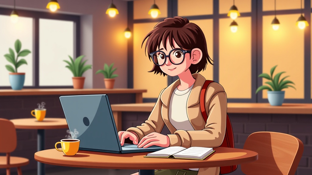 A student studies using a flat design laptop in a café, surrounded by the aroma of coffee. Its light weight and portability make it an excellent companion for learning environments outside traditional settings.