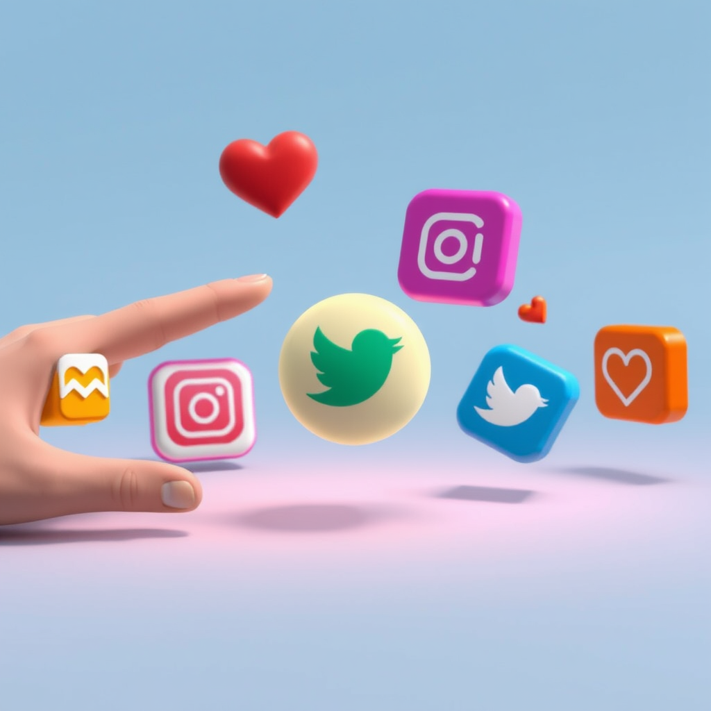 Sub-Design Idea 3 (Physics-based Interactions): Social media icons that behave like physical objects in AR space. Users could 'toss' an icon to share it with another AR user, or icons could gently bump into each other with soft collision effects and sounds, creating a playful virtual environment.