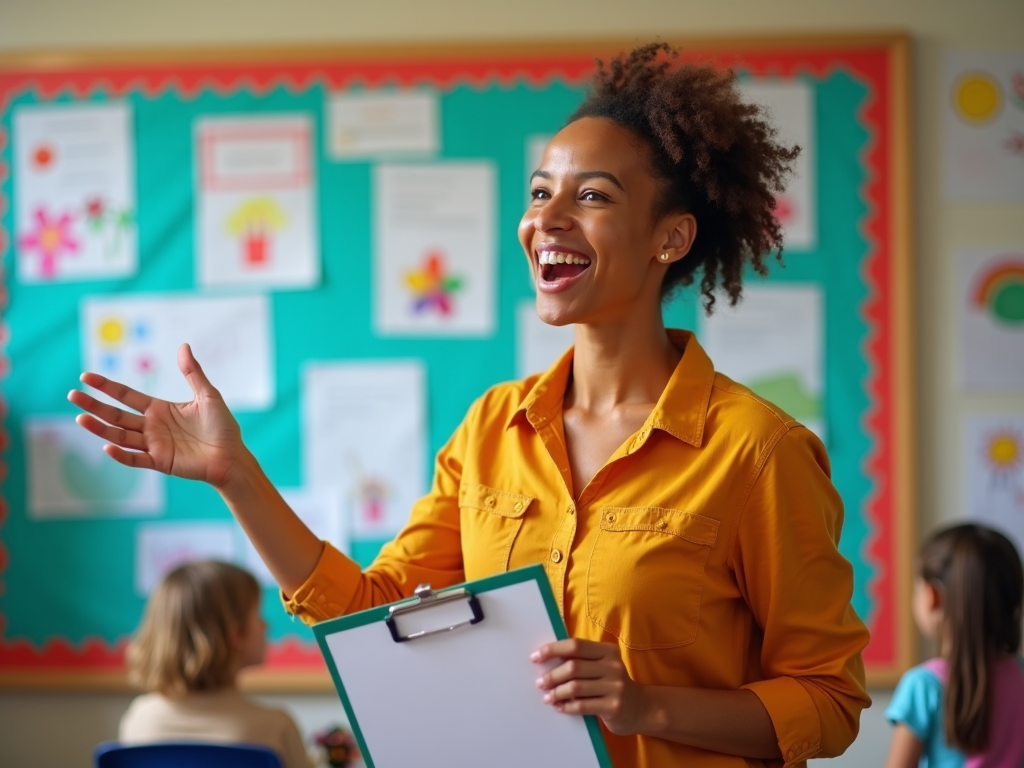 A teacher enthusiastically gesturing while holding a clipboard in front of a beautifully decorated bulletin board in the classroom that displays students’ work. Colorful papers and drawings add vibrancy to the scene.