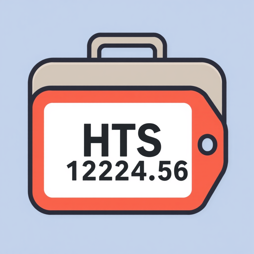 A luggage tag or product label icon prominently displaying 'HTS' alongside placeholder numbers (e.g., '1234.56'), visually emphasizing product classification via HTS codes.