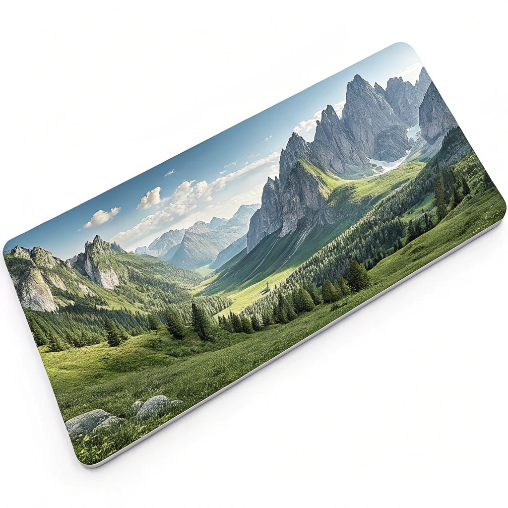 A long, rectangular decal displaying a panoramic mountain landscape.