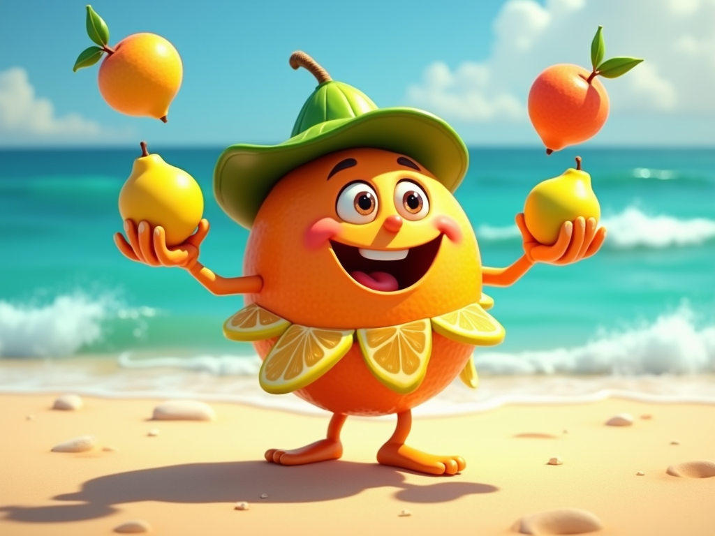 The image is a 3D illustration of a cartoon character on a beach. The character is an orange with a big smile on its face and arms and legs. It is wearing a green hat with a green leaf on top. The orange is holding two pears in its hands and is standing on a sandy beach with the ocean in the background. The sky is blue with white clouds and the ocean waves can be seen in the distance. The overall mood of the image is cheerful and playful.