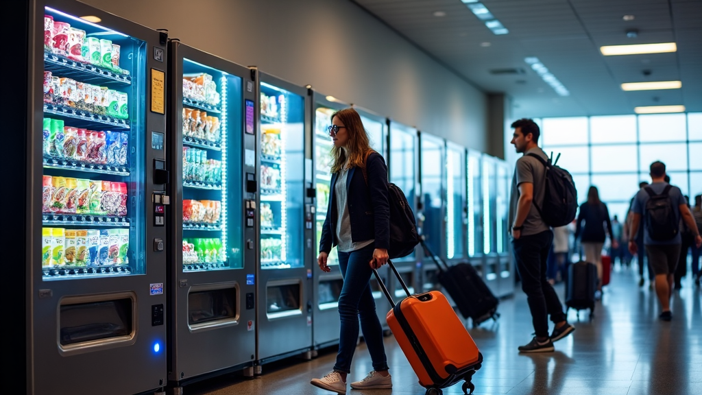 An airport setting with multiple vending machines lined up. Each machine offers different items including beverages, snacks, and health-focused options, appealing to travelers on the go.