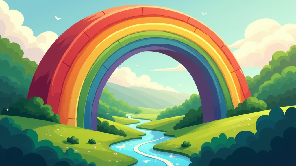 A slightly abstract take with the rainbow forming a stylized bridge over a valley, using bold colors and geometric shapes for a modern cartoon look.