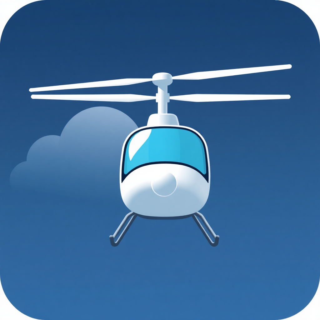 The image is a digital illustration of a helicopter flying in the sky. The helicopter is white with a blue canopy and four propellers. It is in the center of the image, with a cloud in the background. The sky is a deep blue color, and the helicopter is positioned in a way that it appears to be in motion. The image has a simple and cartoon-like style.