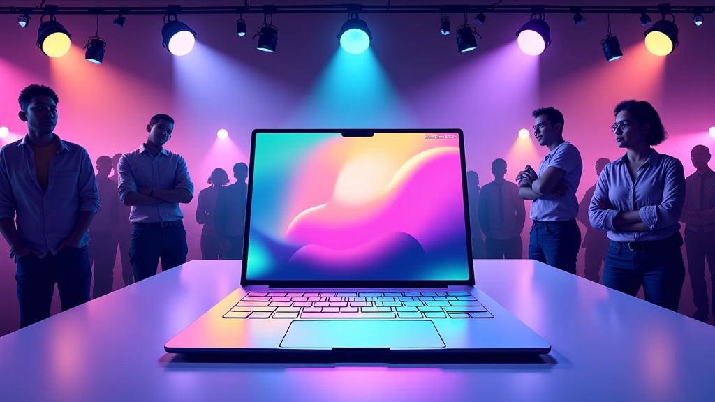 In a tech expo, the flat design laptop is prominently displayed under spotlights, highlighting its innovative features and modern aesthetic, capturing the attention of curious onlookers.