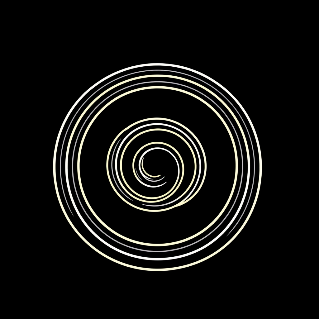 A continuous dynamic line forming an outwardly and upwardly expanding spiral, representing iterative development, continuous improvement, and expanding impact.