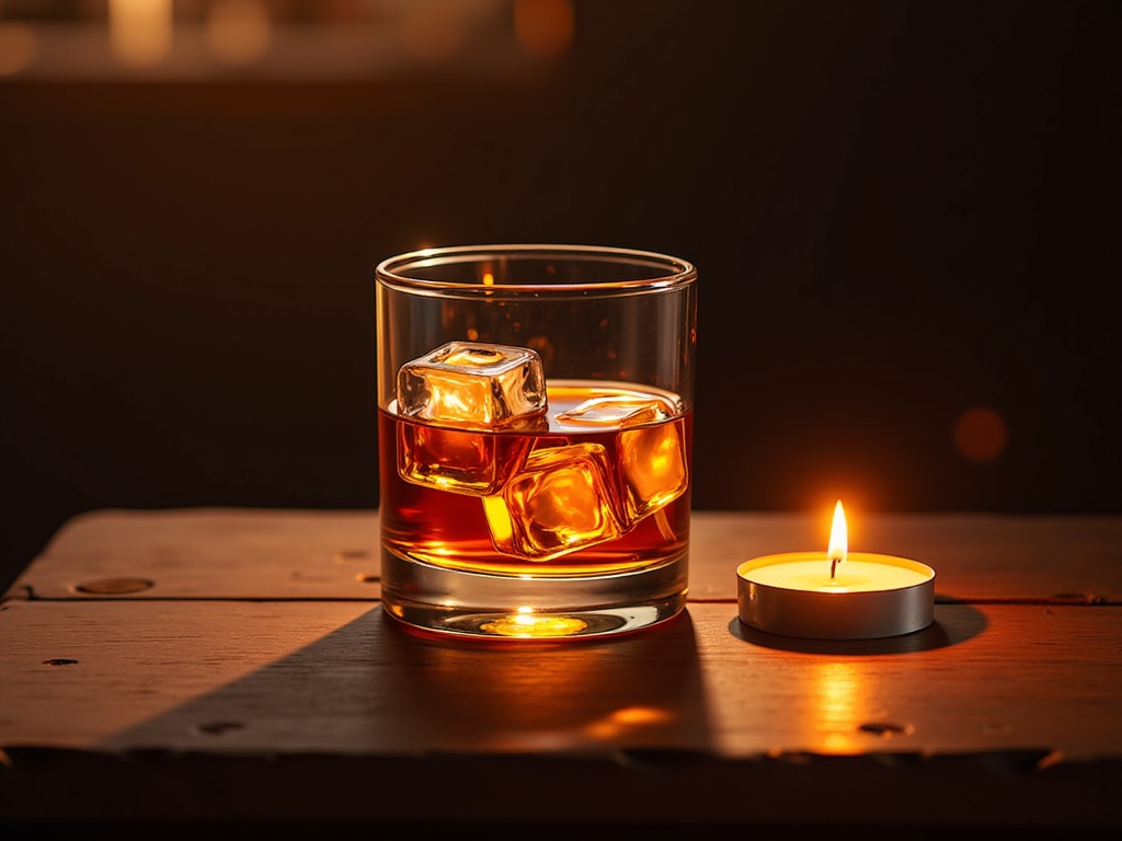  a glass of whiskey with ice cubes on a wooden table. The glass is filled with a golden-brown liquid, likely whiskey, and there are several ice cubes floating in it. On the right side of the table, there is a small white candle with a flame burning brightly. The background is blurred, but it appears to be a dimly lit room with a window. The overall mood of the image is cozy and inviting.