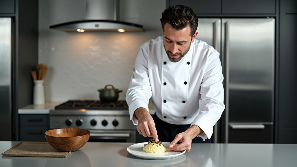 A high-end chef plating mashed potatoes with precision, adding roasted herb garnishment, and setting it on a sleek modern kitchen counter.