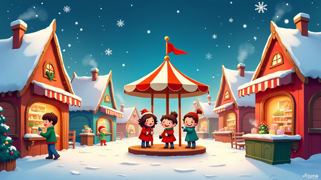 An animated Christmas market scene with colorful stalls selling toys, holiday decorations, and hot cocoa. Animated people in cozy winter clothes are happily shopping, while cartoon children enjoy a carousel ride in the middle of the market, under a sky filled with sparkling stars and snowflakes.