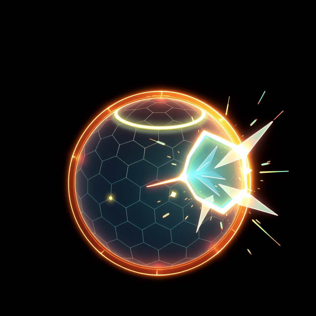 A dynamic icon of a glowing energy dome or shield, possibly with a subtle hexagonal grid pattern, visibly deflecting incoming abstract digital threats (represented as sharp, angular particles).