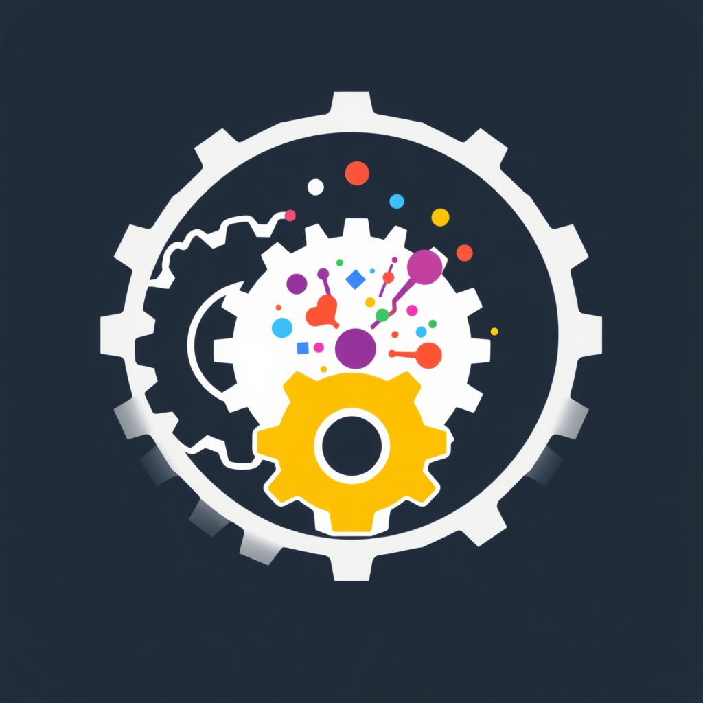 Sub Design Idea 1 (Interlocking Emergence): An icon featuring two or three visually distinct, abstract gears (e.g., varying teeth patterns, non-circular shapes) interlocking. From the point of their meshing, a burst of colorful, simple geometric shapes (circles, squares, triangles) or light particles emanates, symbolizing diverse creative outputs.