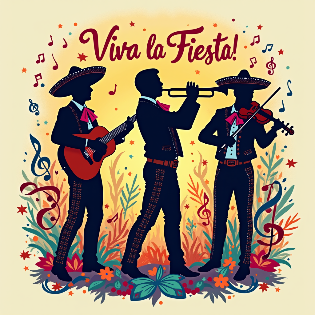 Sub-design idea 5: Silhouettes of a small mariachi band (e.g., guitarist, trumpeter, violinist) with dynamic musical notes and festive flourishes flowing around them. Incorporate a joyful phrase like '¡Viva la Fiesta!' within the design.