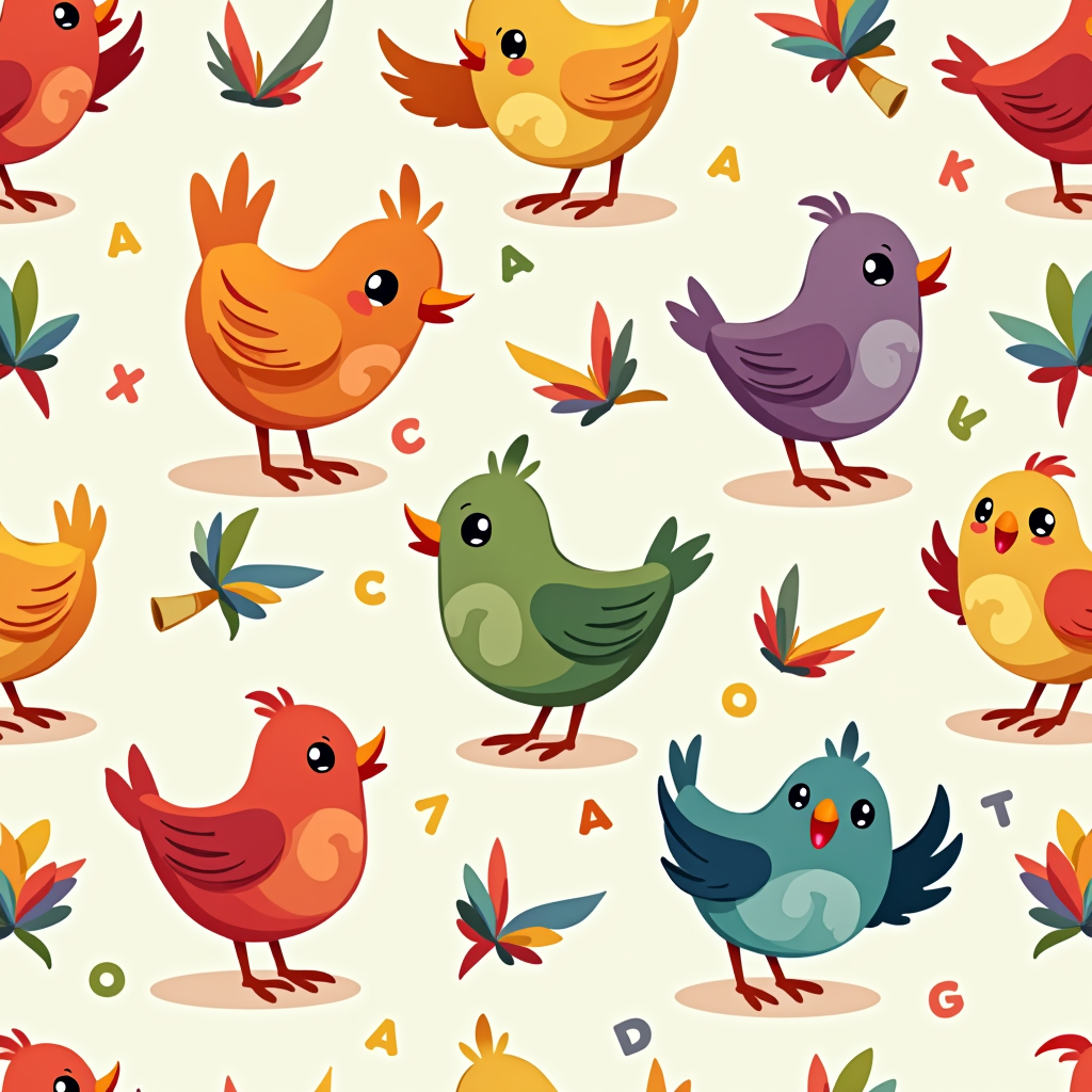 A pattern of small rainbow bird icons, perhaps with some holding letters or scrolls, useful for background or branding material.