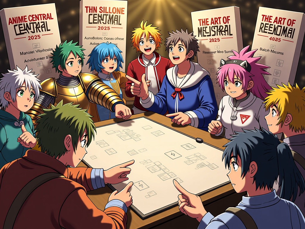 Illustration 2: 'The Adventurer's Guild'. Create a scene resembling the interior of a bustling Isekai adventurer's guild. Diverse characters (representing different Isekai archetypes – knight, mage, beast-person, reincarnated hero) are interacting, looking at a quest board, or sharing stories. The quest board could feature panels or posters with 'Anime Central 2025' and 'The Art of Isekai Adventures' as main quests or announcements.