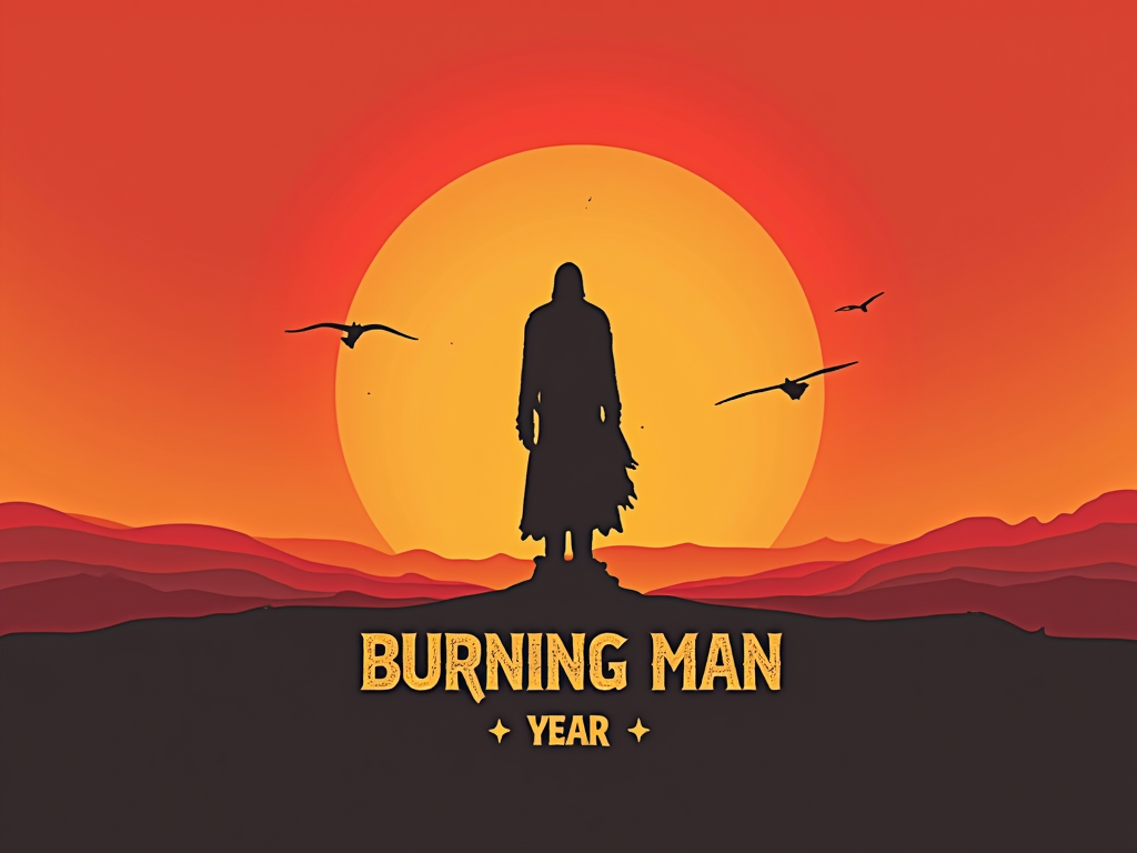 Classic Man Effigy Silhouette: A stark, clean silhouette of the Man effigy stands prominently against a vibrant, smooth gradient sunset transitioning from deep red at the horizon to orange and yellow. Subtle silhouetted desert terrain anchors the base. Text: 'Burning Man [Year]' in a timeless, slightly distressed serif font below the design.