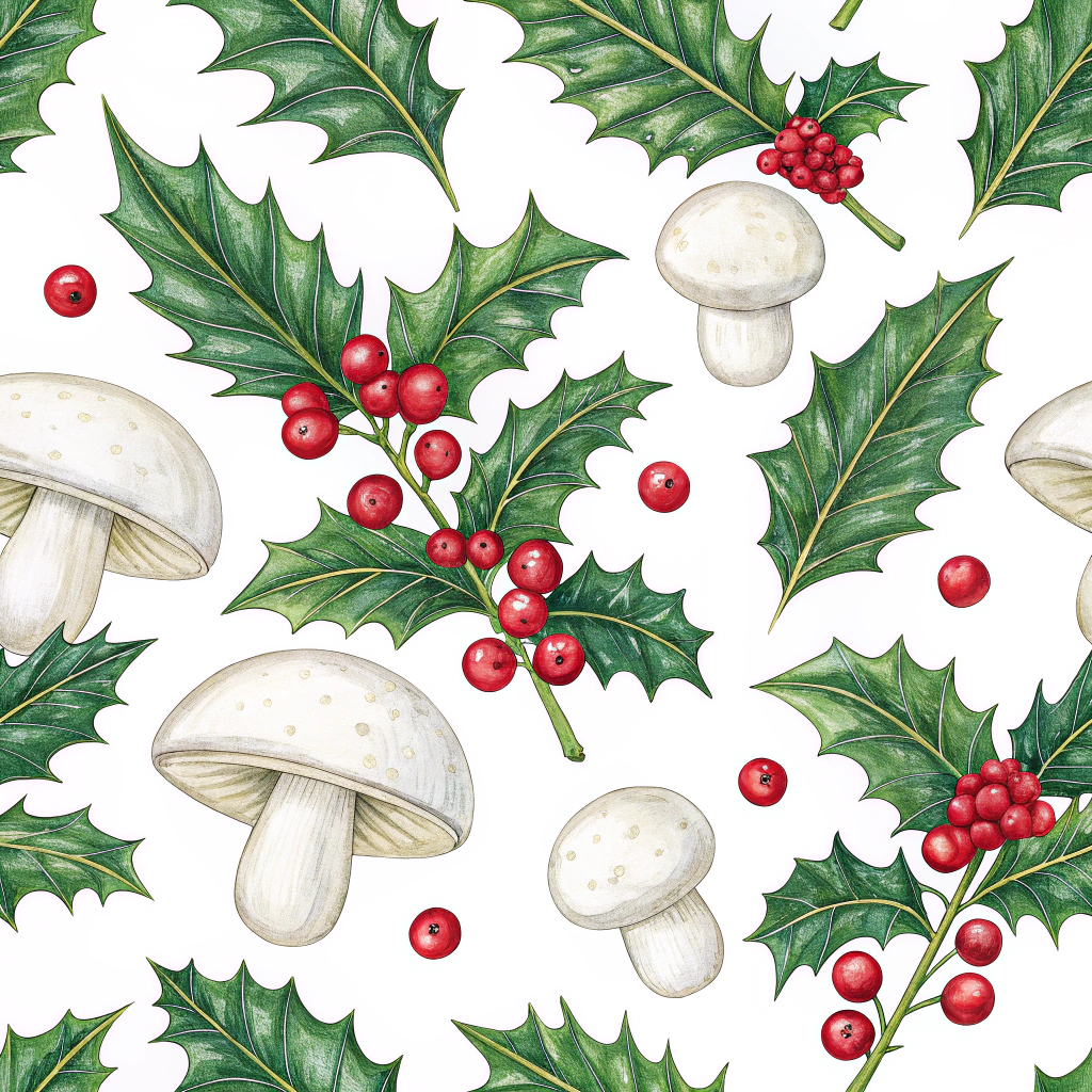 An elegant pattern featuring glossy holly leaves intertwined with pearl white mushrooms, arranged in a festive style.