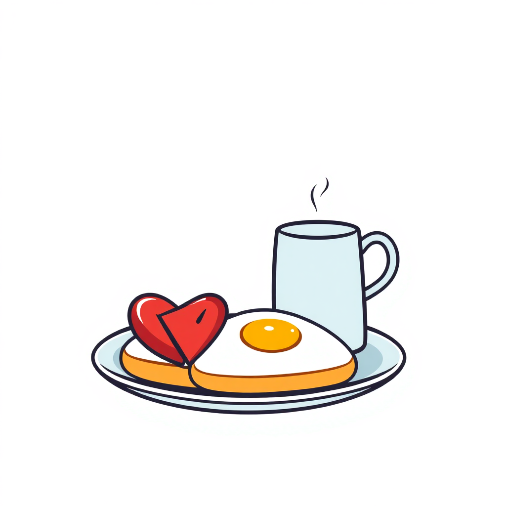 The image is an illustration of a breakfast scene. It shows a plate with a fried egg and a red heart on it. The plate is white and the egg is cooked sunny-side up with a yellow yolk. Next to the plate, there is a white mug with a steam rising from it, indicating that it is hot. The background is plain white. The overall color scheme of the image is simple and cartoon-like.