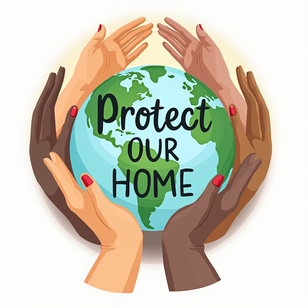 Design featuring diverse hands (representing global unity) gently cupping or forming a protective circle around a vibrant planet Earth, with the 'Protect Our Home' slogan prominently displayed to underscore collective responsibility and care.