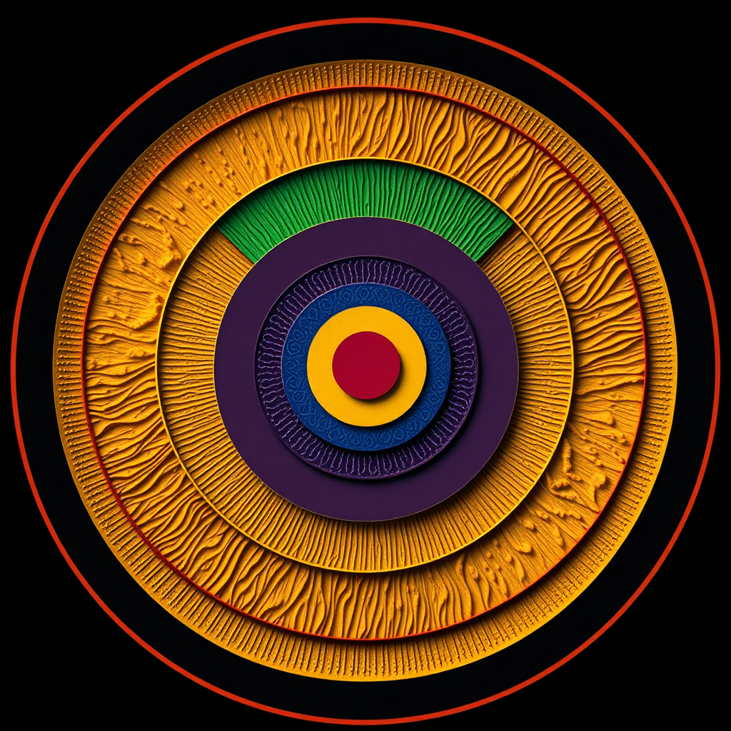 Layered Radiance: Concentric or radiating patterns emerge from a central point, where each layer or segment incorporates varied textures within distinct Pride colors, symbolizing the unique depth of individual identities within a collective, inclusive structure.
