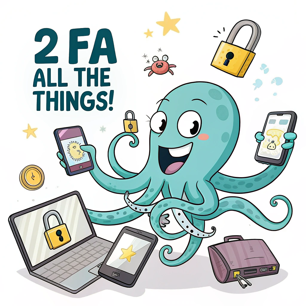 A friendly octopus character simultaneously applying small 2FA padlock icons to multiple devices (laptop, phone, server), illustrating '2FA All The Things!'.