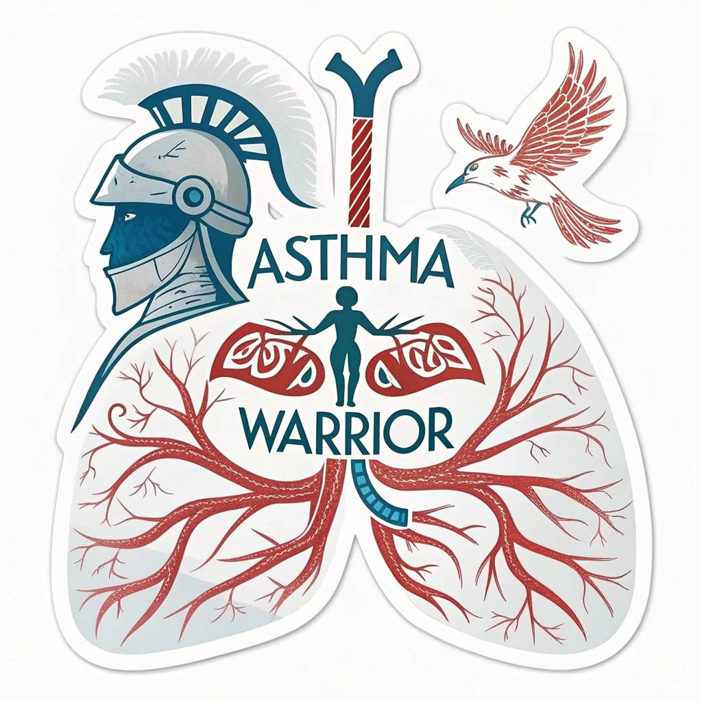 Warrior's Breath Abstract Sticker: An abstract design using bold, flowing lines to represent a strong, clear breath. These lines could subtly form elements like a warrior's helmet or a rising bird, with 'Asthma Warrior' text prominently featured, symbolizing strength and freedom.