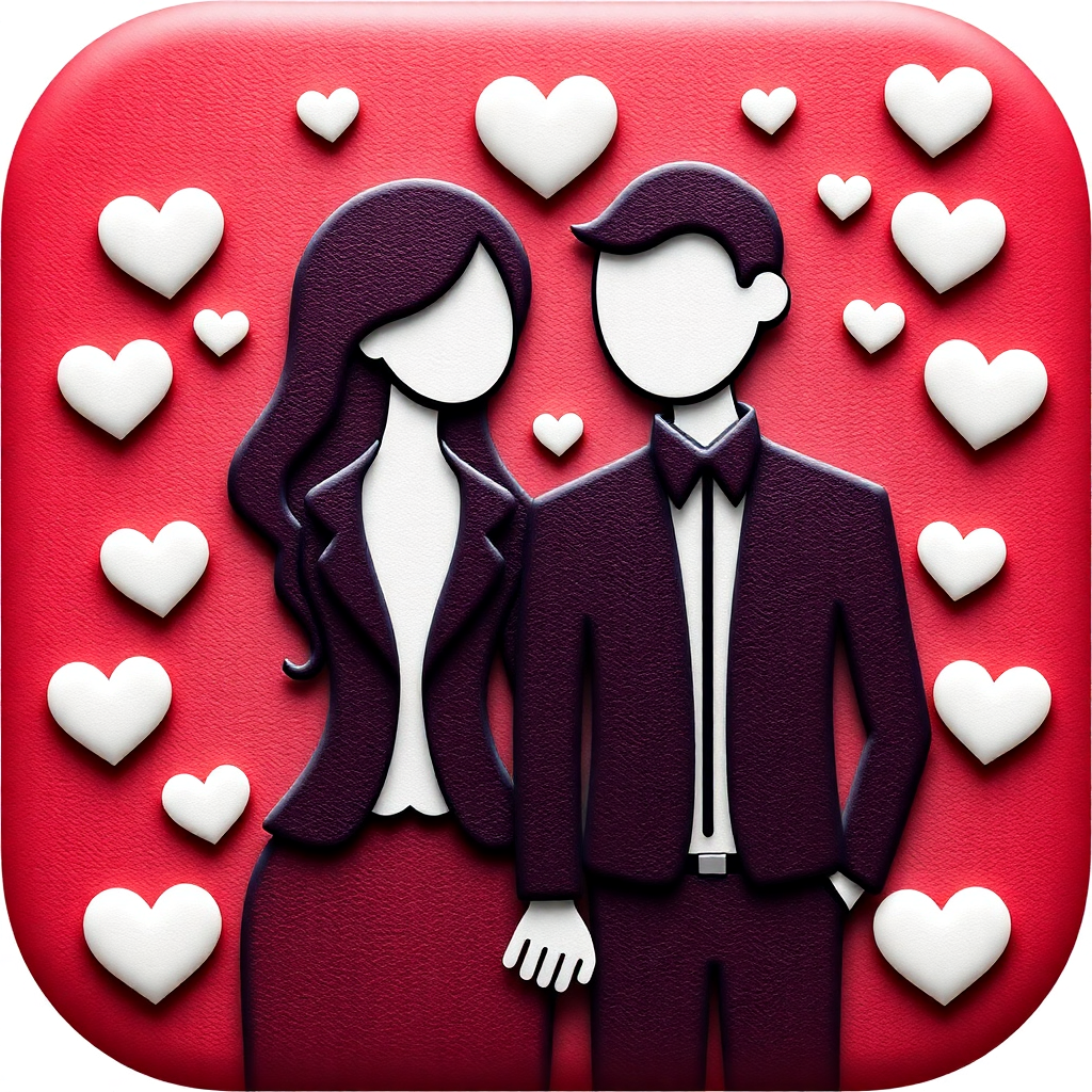 The image shows a man and woman standing next to each other in front of a red background with white heart symbols, suggesting a Valentine's Day theme. The couple is animated, with the man wearing a suit and the woman wearing a dress, and the hearts are scattered around them, creating a romantic atmosphere.