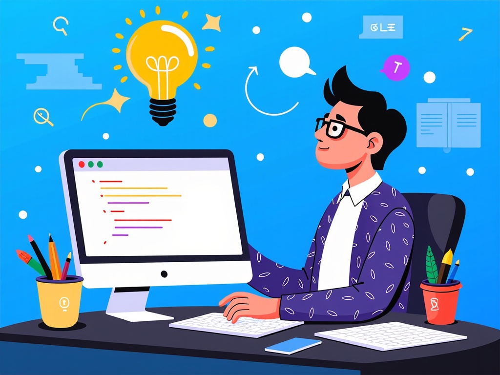 Developer's 'Eureka!' Moment: Focus on a single developer character deeply engrossed in their work with Microsoft tools subtly integrated into their environment. Illustrate the 'aha!' moment of solving a complex problem, perhaps with a stylized lightbulb, a suddenly clear code structure, or a completed data flow diagram appearing.