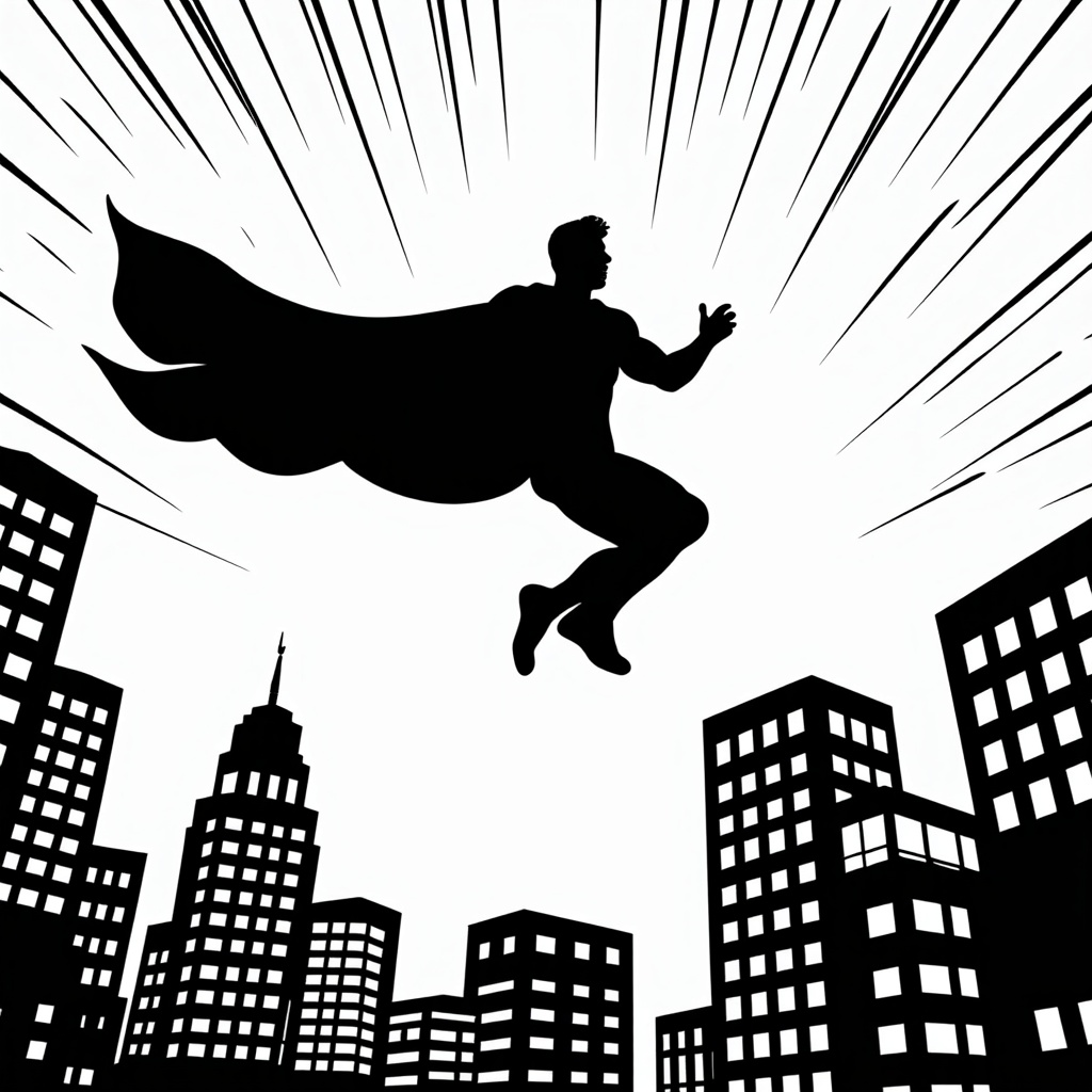 A superhero silhouette soaring above a cityscape with beams of light emanating from them, ready to be filled with bright, bold colors.