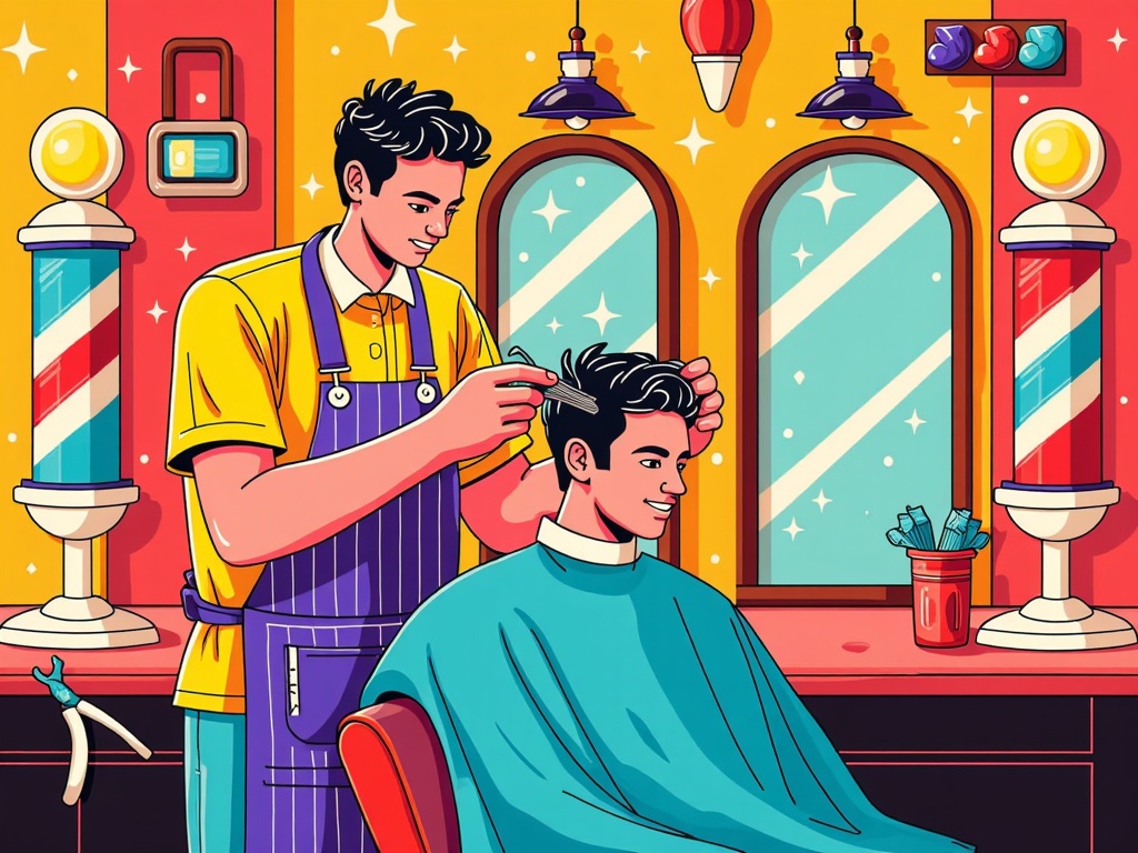  a barber cutting a young man's hair in a barbershop. The barber is wearing a yellow apron and is standing behind the barber, holding a pair of scissors and a comb. The young man is sitting in a red chair with a blue cape draped over his shoulders. He is smiling and appears to be enjoying the process. The background of the image is a colorful barber shop with various barber tools and equipment. There are two large mirrors on the wall, one on each side of the mirror, and a few decorative items hanging from the ceiling. The overall style of the illustration is cartoon-like and colorful.