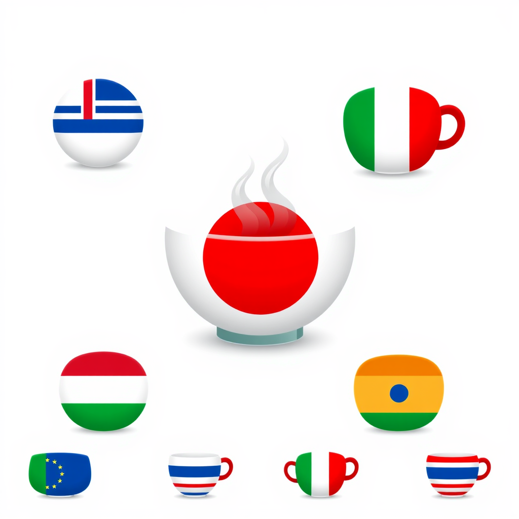Sub-design idea 1: A set of icons where each icon combines a national flag element subtly integrated with a representative beverage from that country (e.g., a Japanese flag circle as part of a matcha bowl, or Italian flag stripes on a coffee cup).