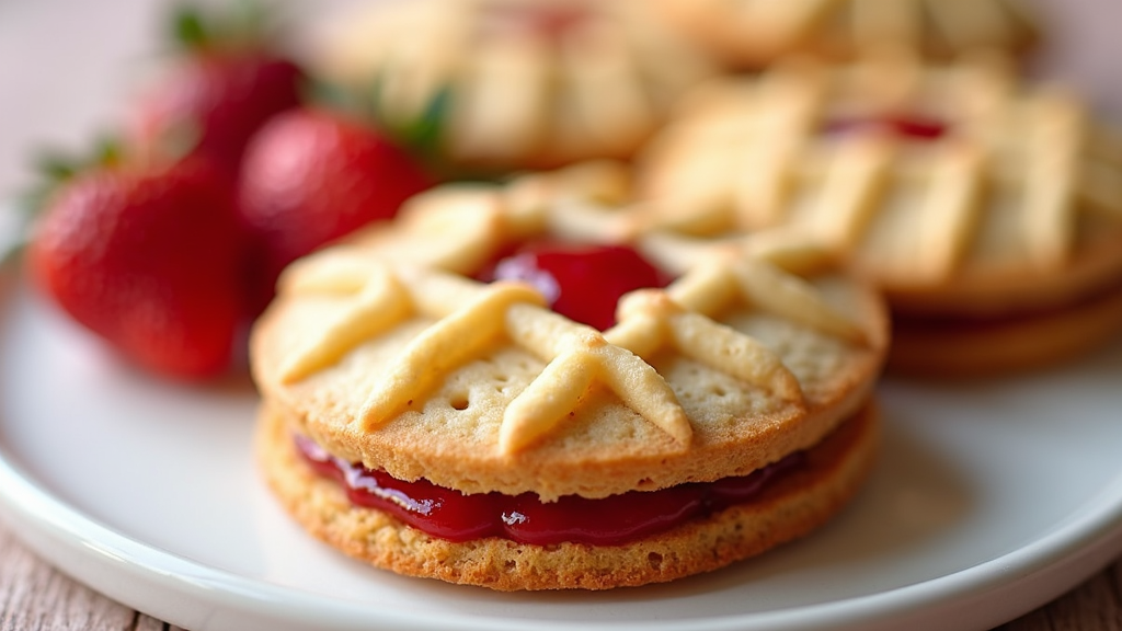 A buttery cookie with a delicate lattice top that reveals the strawberry jam underneath, adding an elegant touch.