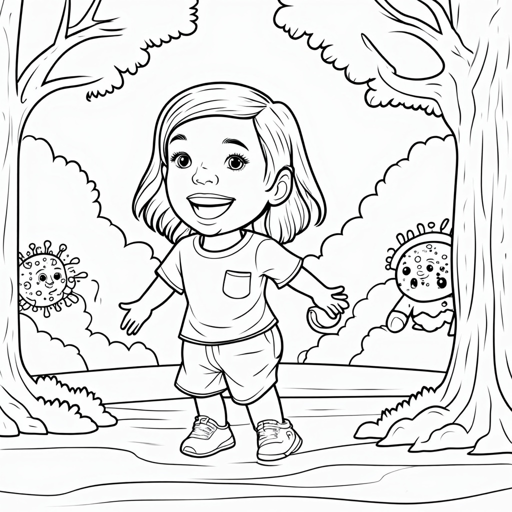 Coloring Page 1: 'The Sneaky Germs'. Illustrate a child playing happily, with stylized, not-too-frightening measles virus characters subtly shown in the background, perhaps peeking from behind a tree or a toy. Caption idea: 'Measles germs are tiny and can spread easily!'