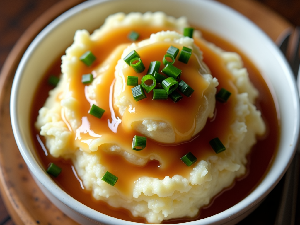 A top-down view of a golden-brown gravy pour over a mountain of mashed potatoes, garnished with scallions, in a white porcelain dish.