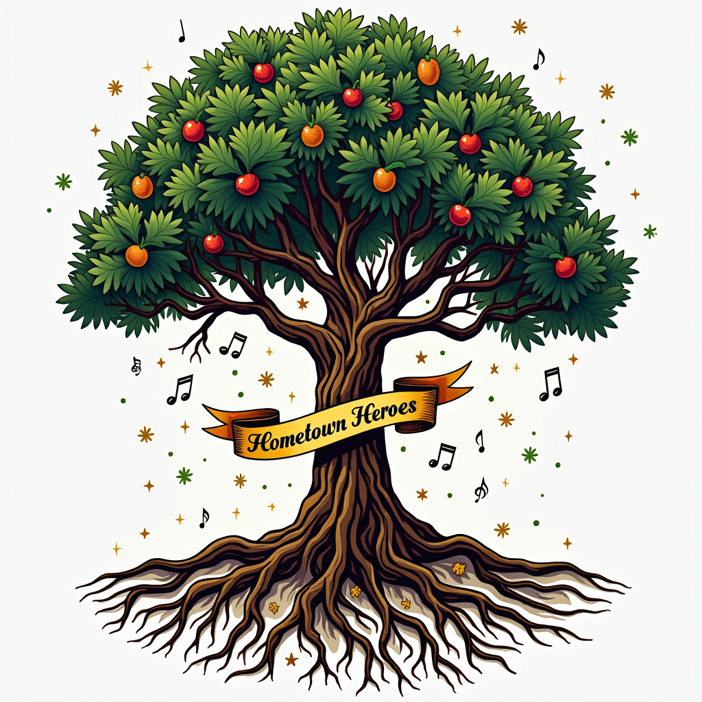 Hometown Roots & Branches: A design centered around a tree motif. The roots are labeled 'Compton' and 'Maplewood', intertwining and growing upwards. Kendrick Lamar's name and imagery are associated with the Compton roots/branches, and SZA's with Maplewood. The leaves or fruits of the tree could be musical notes or symbols representing their artistry. 'Hometown Heroes' inscribed on the trunk or as a banner.