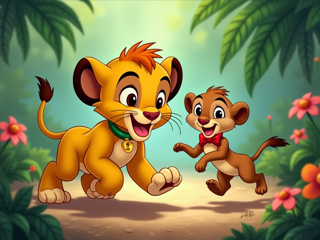 A playful scene of a lion cub and a meerkat, similar to Simba and Timon, having fun and laughing, with vibrant colors and a dynamic pose.