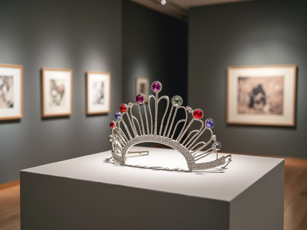 A modern crown with minimalist lines and subtle colored stones displayed in a contemporary gallery setting.